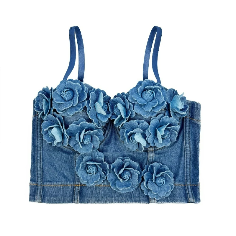 New Fashion Women's Hand-stitched Beaded Floral Embellishments High-end Sensual Sexy Top Denim Fishbone Corset 2026 Summer