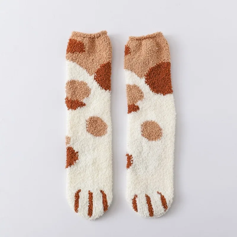 Calcetines de felpa con aislamiento grueso para mujer, medias con dibujos animados de garra de gato, terciopelo Coral, para dormir, para el suelo del hogar, Otoño e Invierno