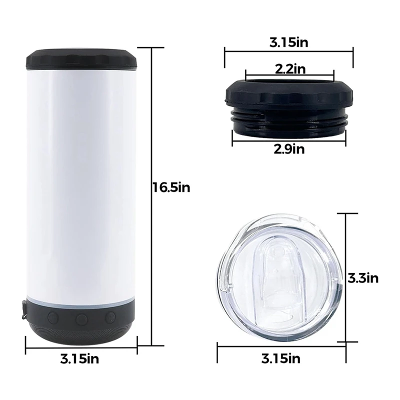 16 Oz Sublimated Blank Bluetooth Speaker Stainless Steel Insulated 4-In-1 Can Refrigerated Beer Holder