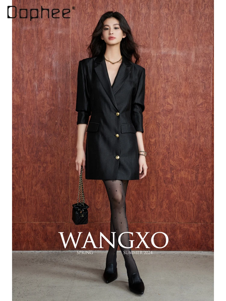 Tessuto intrecciato navetta di seta dorata Risvolto lucido Manica a sette quarti Abito monopetto Abito da pendolare Temperamento Abito alla moda