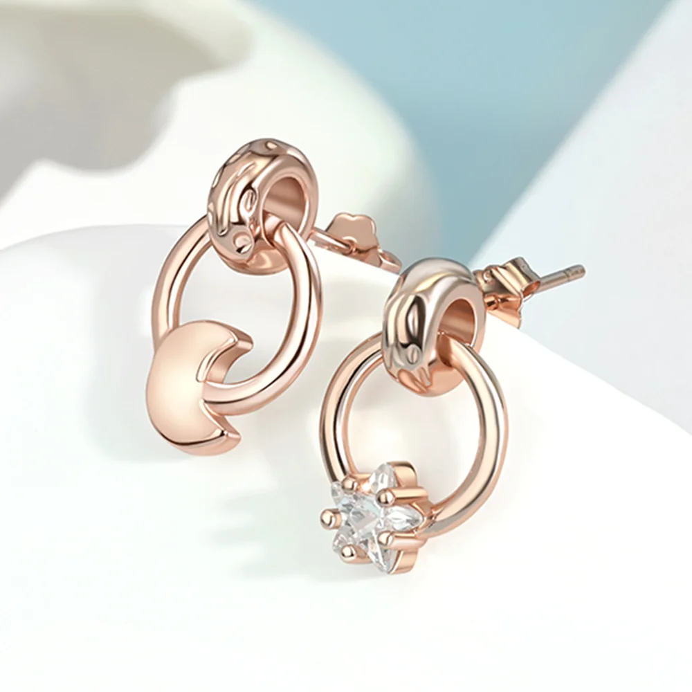 Silver 925 Gold Asymmetric Moon Star Zircon-Inlaid Hoop Stud Charming Original Fashion Earring Fine Jewelry for Women Gift