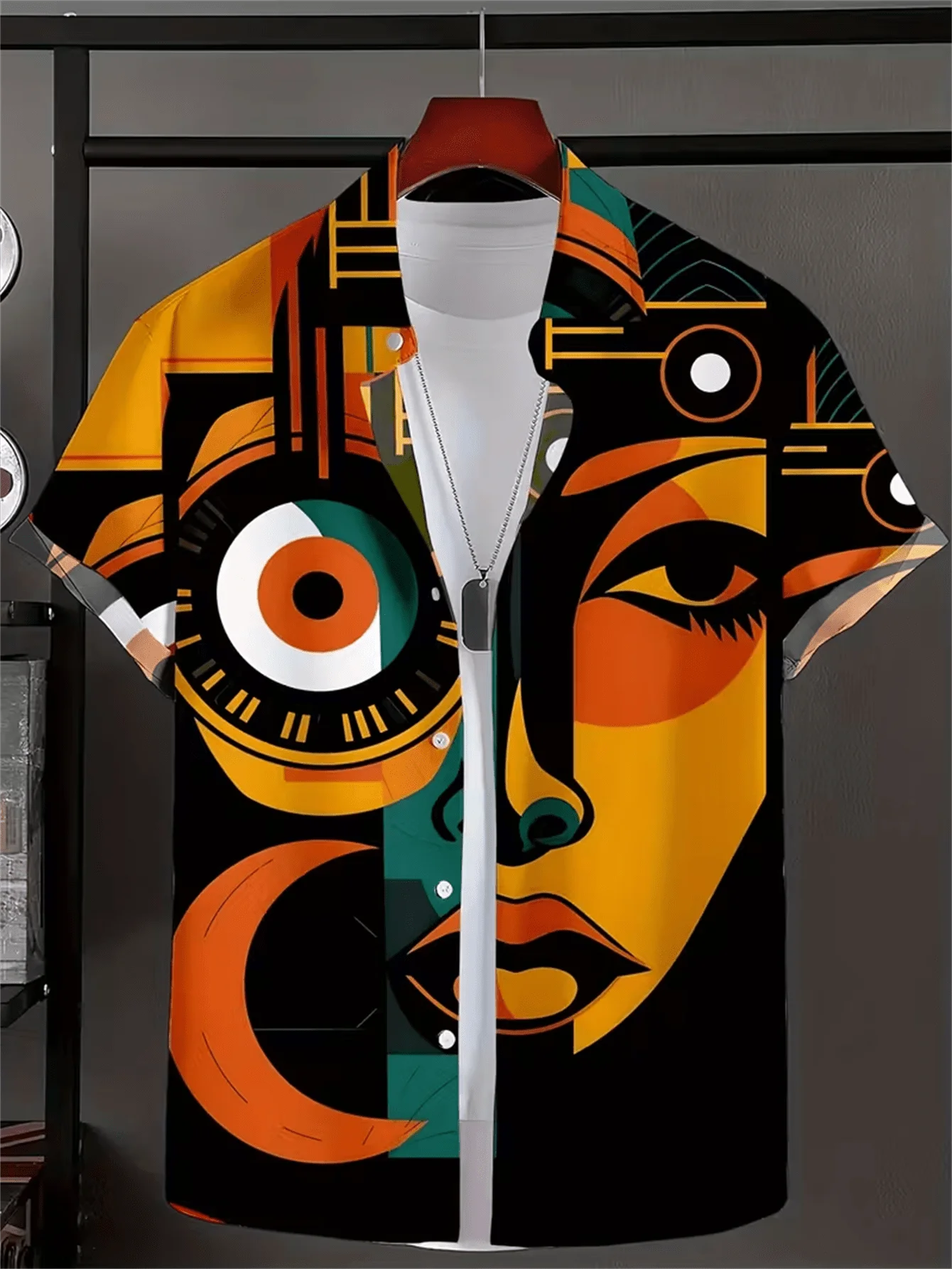 Men African Abstract Color Block Face Print Short Sleeve Turn-down Collar Shirt Summer Beach Casual Button Down Streetwear Top
