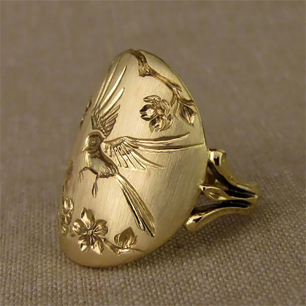 French Retro Gold Color Ring For Women Fashion Swallow Flower Pattern Ring New Party Jewelry Gift