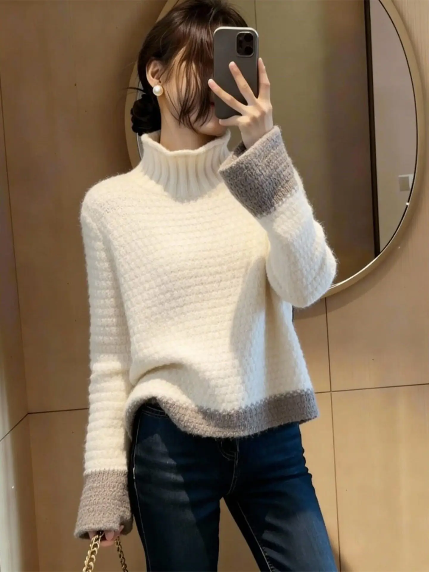 

Ele Soft High Collar Color Blo Women's Knitwear Winter Faion Slim Fit Versatile Korean Sle Camere Sweater