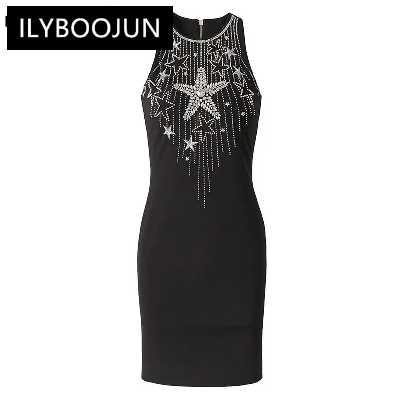 Fine Workmanship Design Sleevless Sparkle Rhinestones Stars Beading Women Street Women Chic Mini Black Tank Dress