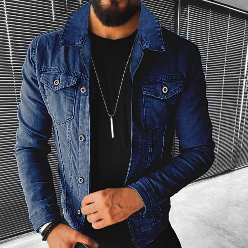 

Men Denim Jacket Solid Color Long Sleeves Turn-down Collar Jeans Coat Vintage Single Breasted Autumn Coat For Daily Wear