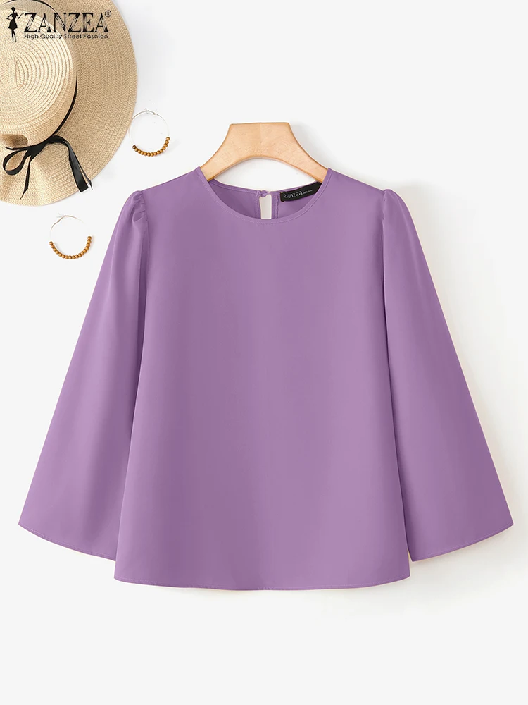 

ZANZEA Long Sleeve Autumn Blouses Women Flare Sleeve Blusas Fashion Solid Color Tunic Casual Loose Tops OL Work Pullovers
