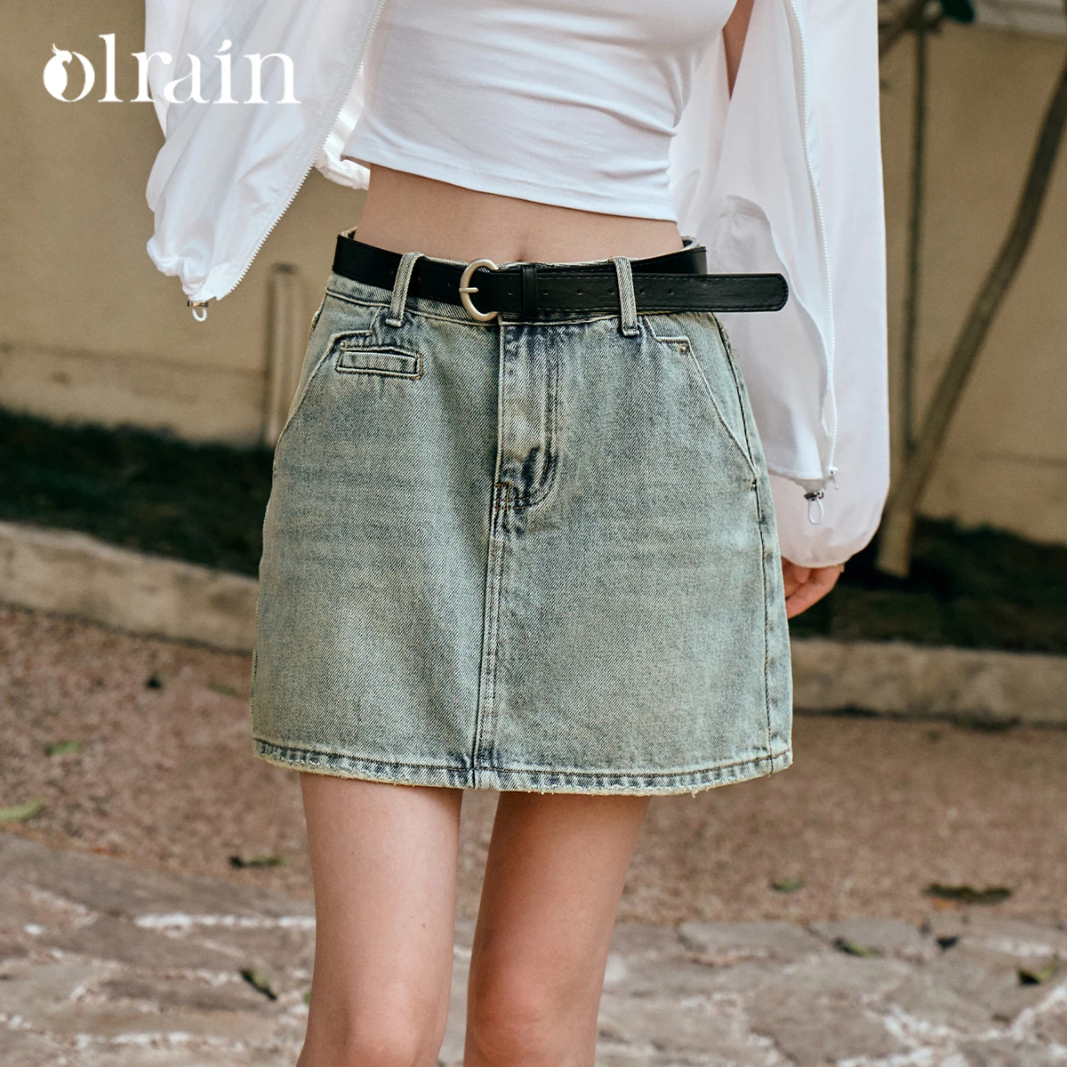 

OLrain Women 2026 Summer Vintage Navy Blue Denim High-waist Short Skirt A-LINE Belt Button Female Straight Shirt O57XB99523