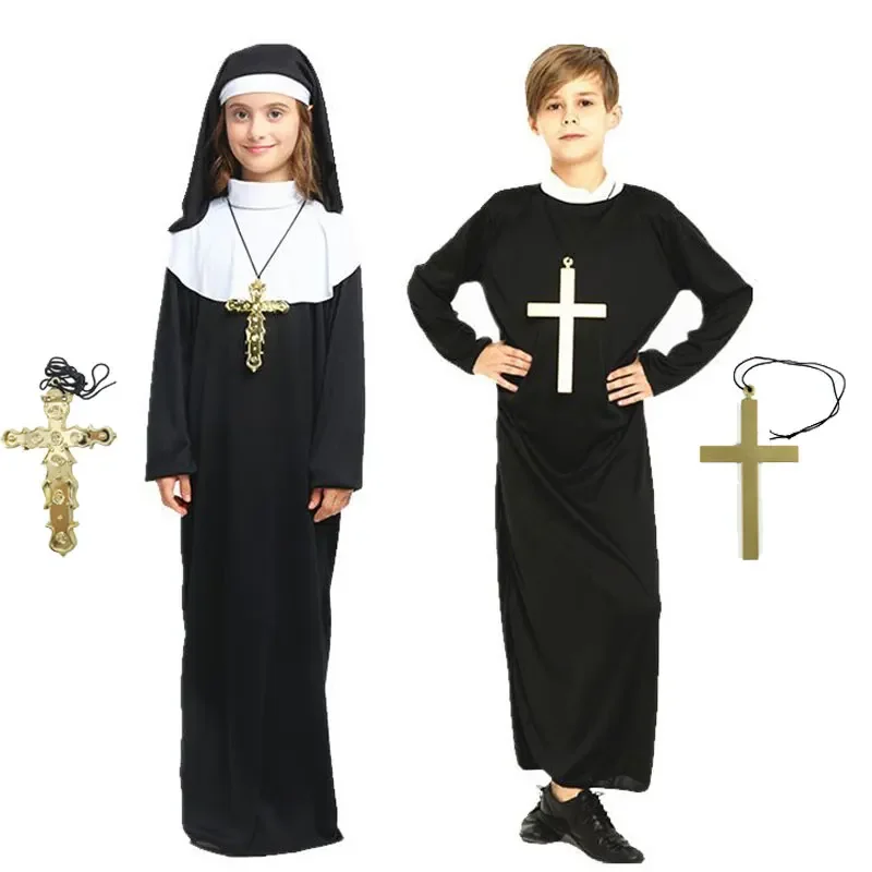 Nun Chief Cosplay Costume for Boys and Girls, God, Father, Priest, Robe, Coat, Cross Necklace, Witch, Wizard, Halloween Costume