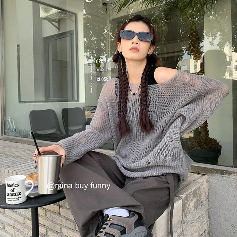 Vintage Knitted Long Sleeve Top 2023 Korean Fashion Sexy Summer Thin Hollow Out Women Hip Hop Chic Harajuku Oversized Loose Tee