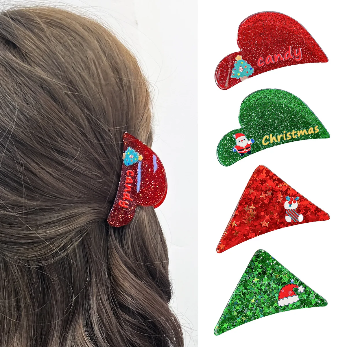 

Christmas Glitter Acrylic Hair Claw Santa Claus Hair Clip New Fashion Hair Accessories Christmas Party Gifts Presents Claw Clip