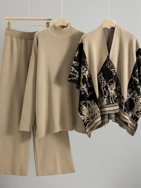 

Casual Knitted oulder Wrap Outerwear Loose Wide Leg Pants Tee Piece Set Faionable Leisure Outerwear Knitted Ensemble