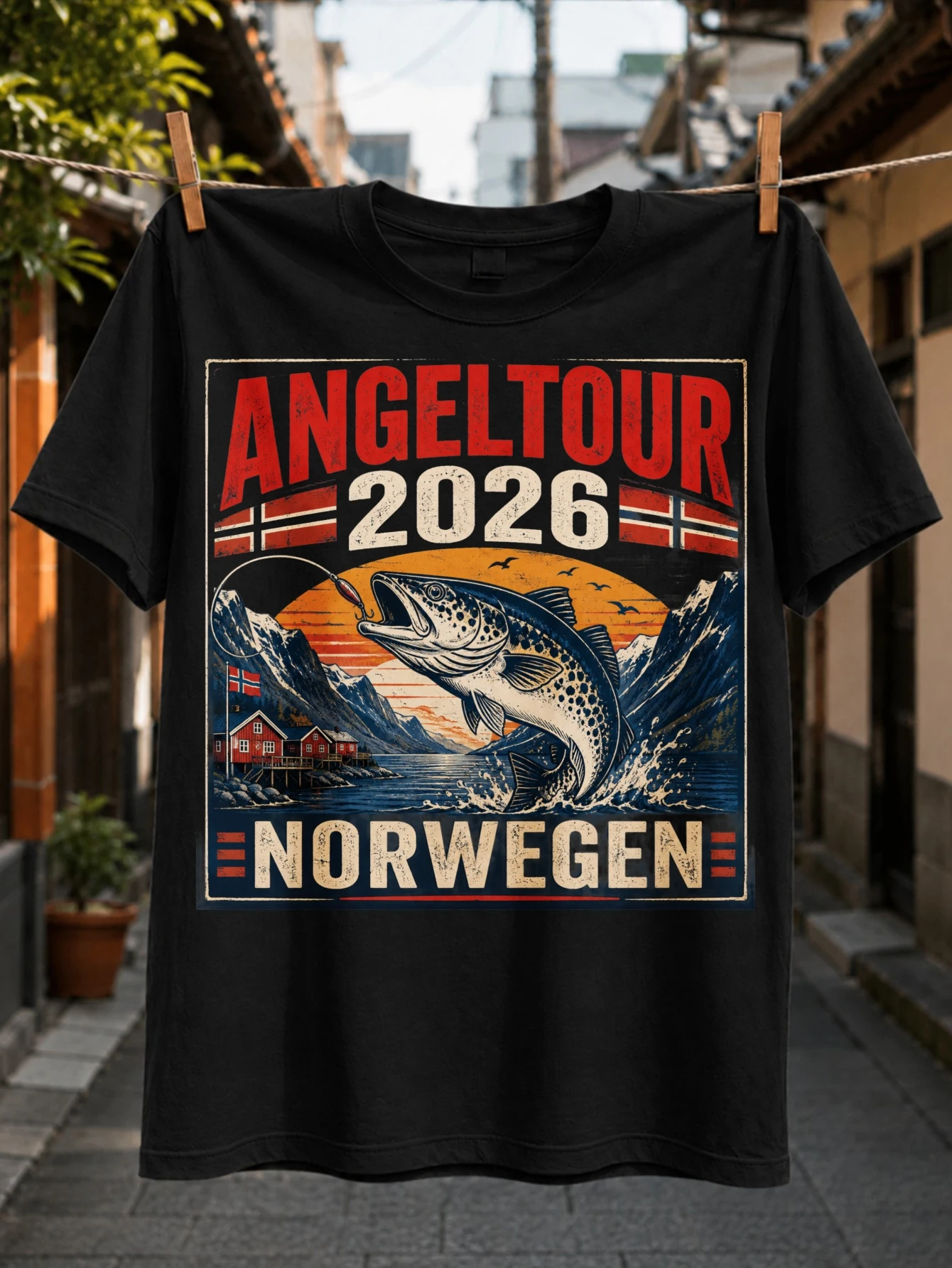 with Angeltour 2026 Norwegen text jumping fish mountain fjord Norway Fl-ags and vintage sunset  Unisex All T-Shirt