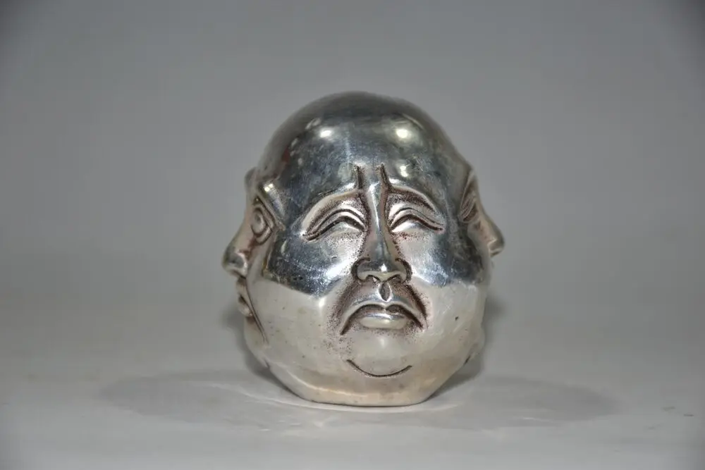 Collect China white copper handmade carve four sides Buddha head exquisitestatue