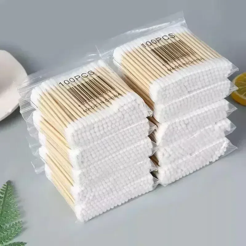 100/300/500 Pcs Cotton Swabs with Wooden Sticks, Bamboo Cotton Swabs Double Round Tips, Biodegradable Cotton Buds