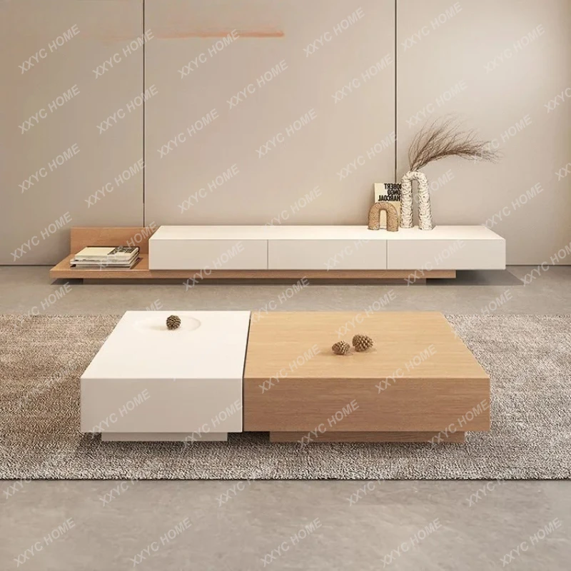 

L Cream log TV cabinet coffee table combination modern simple living room furniture