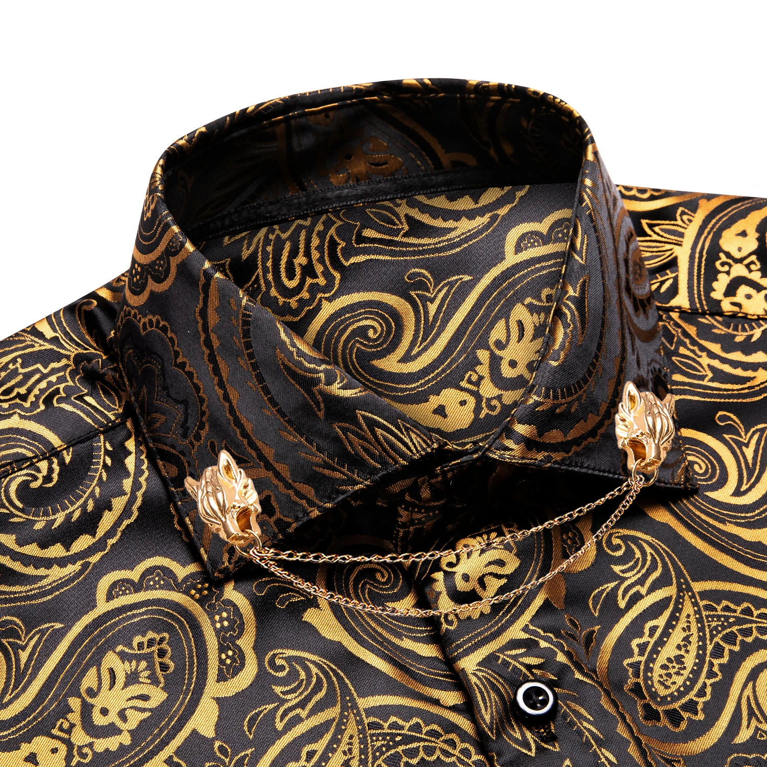 Hi-Tie Silk Mens Shirts Black Gold Long Sleeve Slim Fit Paisley Lapel Brooch Shirt For Male Business Wedding Party Gift Designer