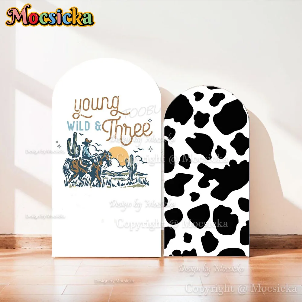 Mocsicka Young Wild & Three Ковбойский фон для арки на день рождения, кактус, черно-белый фон с коровьими пятнами, фон для фотозоны для новорожденных девочек