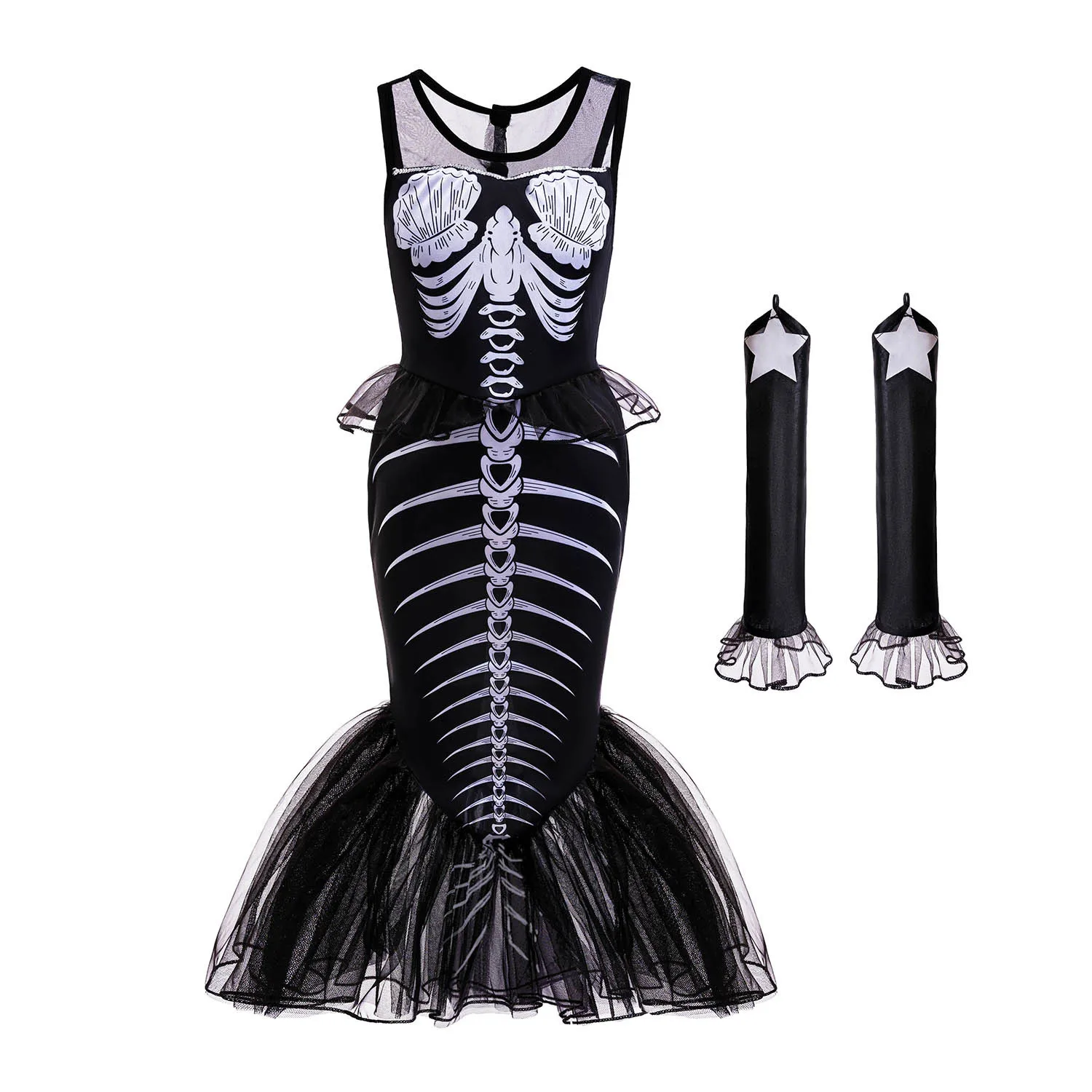 عيد الميلاد وعطلة الهالوين هيكل عظمي جديد ليتل ميرميد أسود بدون أكمام فستان الأميرة ارييل هيكل عظمي مجموعة فستان ذيل السمكة