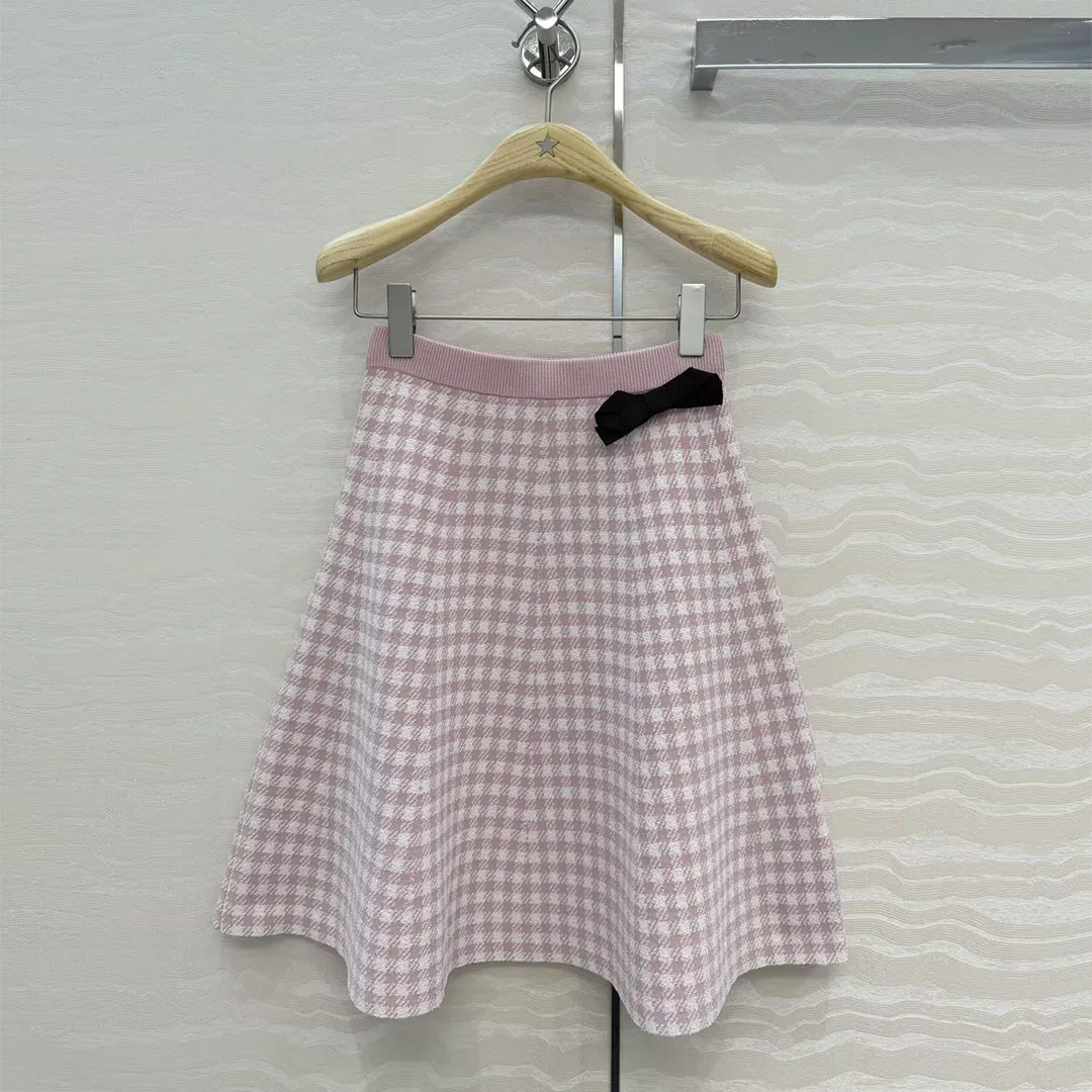 

Vintage Sweet Pink Houndstooth Jacquard A-line Loose Knitted Midi Skirts Women High Waist Bow Decoration Elegant Fashion Skirt