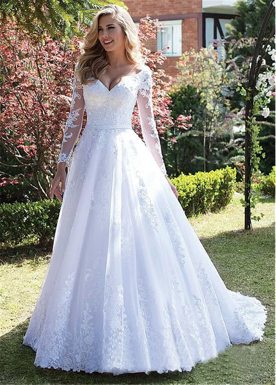 VENSANAC Illusion Long Sleeve Sash Lace Appliques A Line Wedding Dresses Deep V Neck Sweep Train Bridal Gown