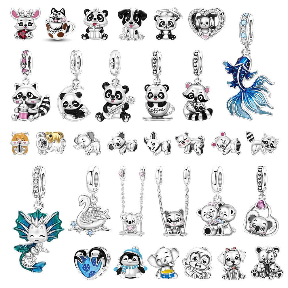 Exquisite 925 Sterling Silver Panda Chameleon Raccoon, Koi Puppy Animal Charm Fit DIY Bracelet Necklace Premium Party Gifts