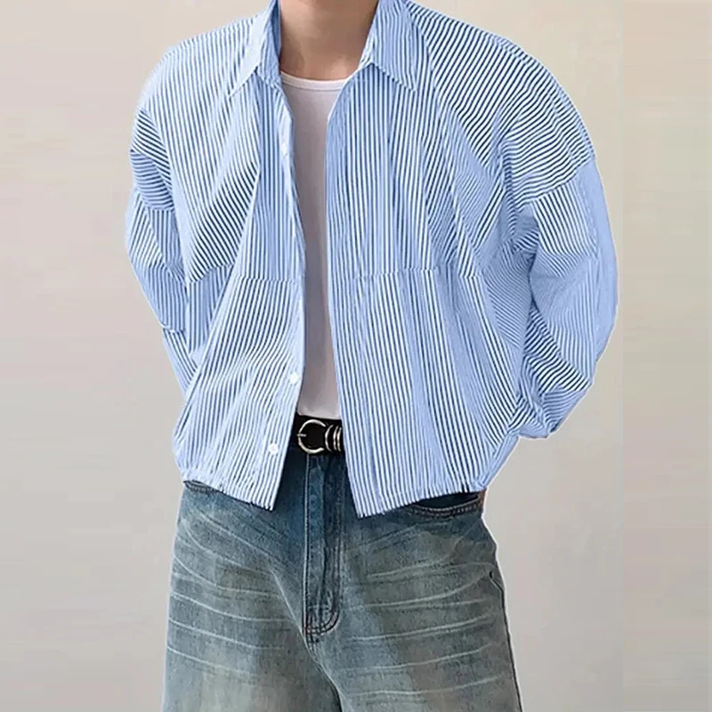 New Japanese Trendy Men Shirts Light Luxury Textured Lapel Striped Long Sleeve Cardigan Tops Leisure Premium Loose Blouse M-2XL
