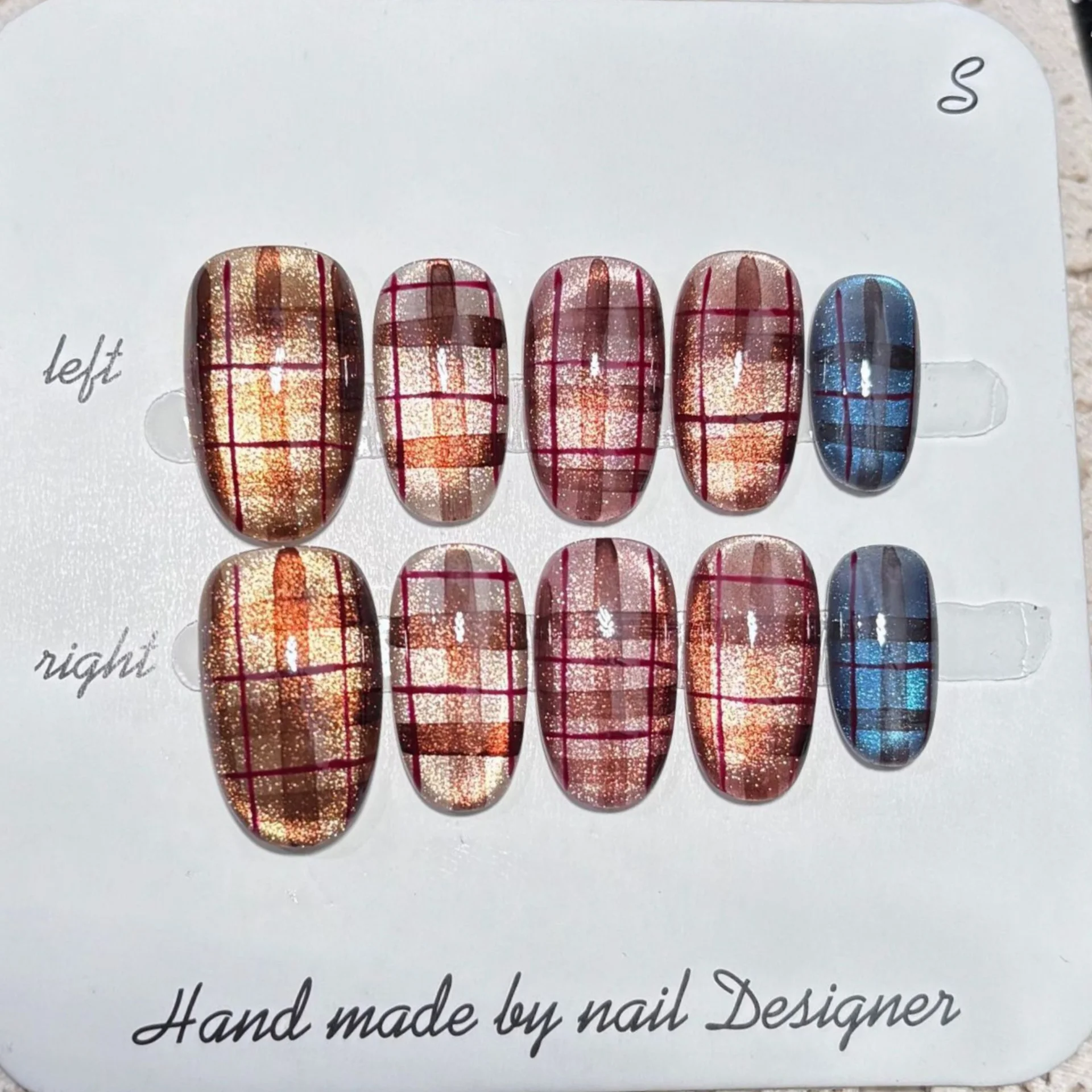 

10pcs Smudge Brown Handmade False Nails Tips Simple Short Oval Press on Nails Plaid Design Full Cover Nail Cat's Eye Fake Nail