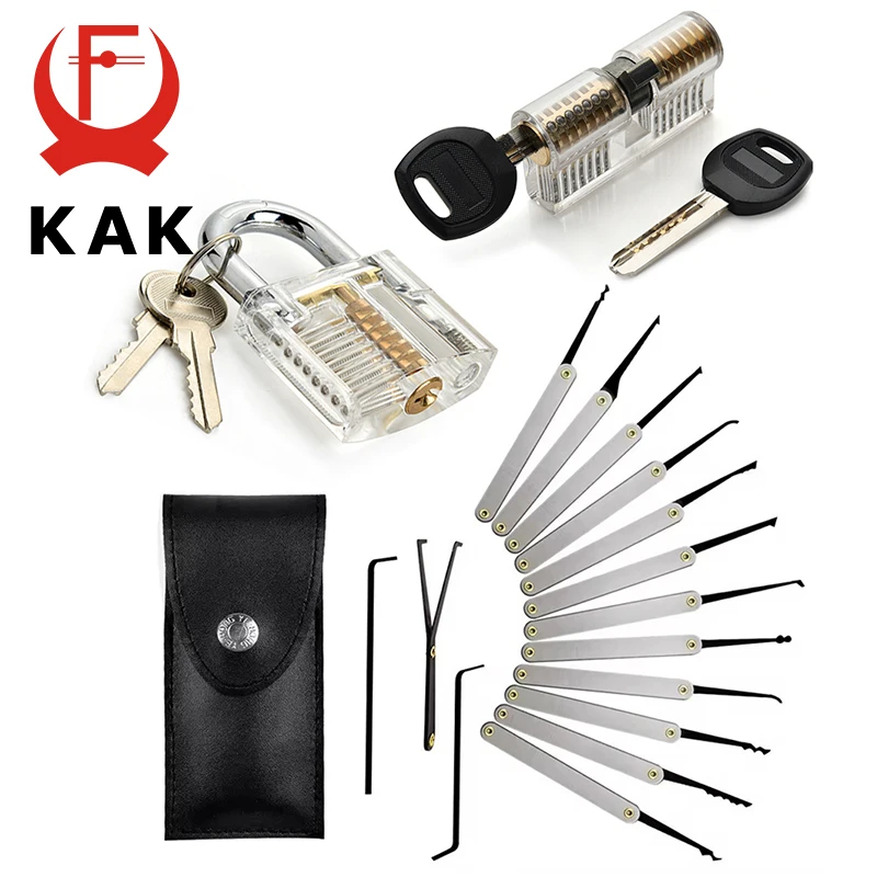 KAK 15pcs Unlocking Lock Pick Set Key Extractor Transparent Practice Padlock Kit Locksmith Training Kit with Transparent Locks