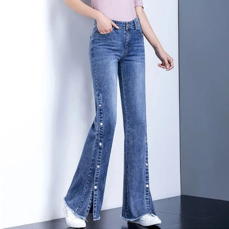 Korea Fashion High Waist Flare Jeans Light Blue Denim Trousers Long Pants Lady Spring Single-Breasted Side Slit Slim Jeans Women