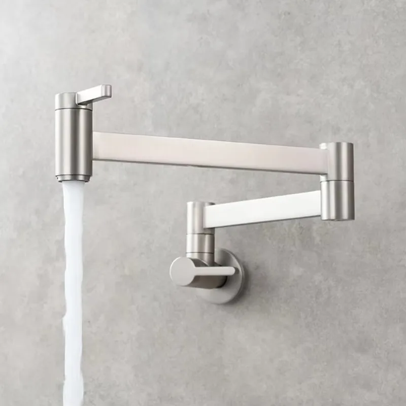 2026 Brass Square Double Control Kitchen Faucet Wall Mounted Foldable Cold Water Tap Mop Extension Spout Multi Color Options