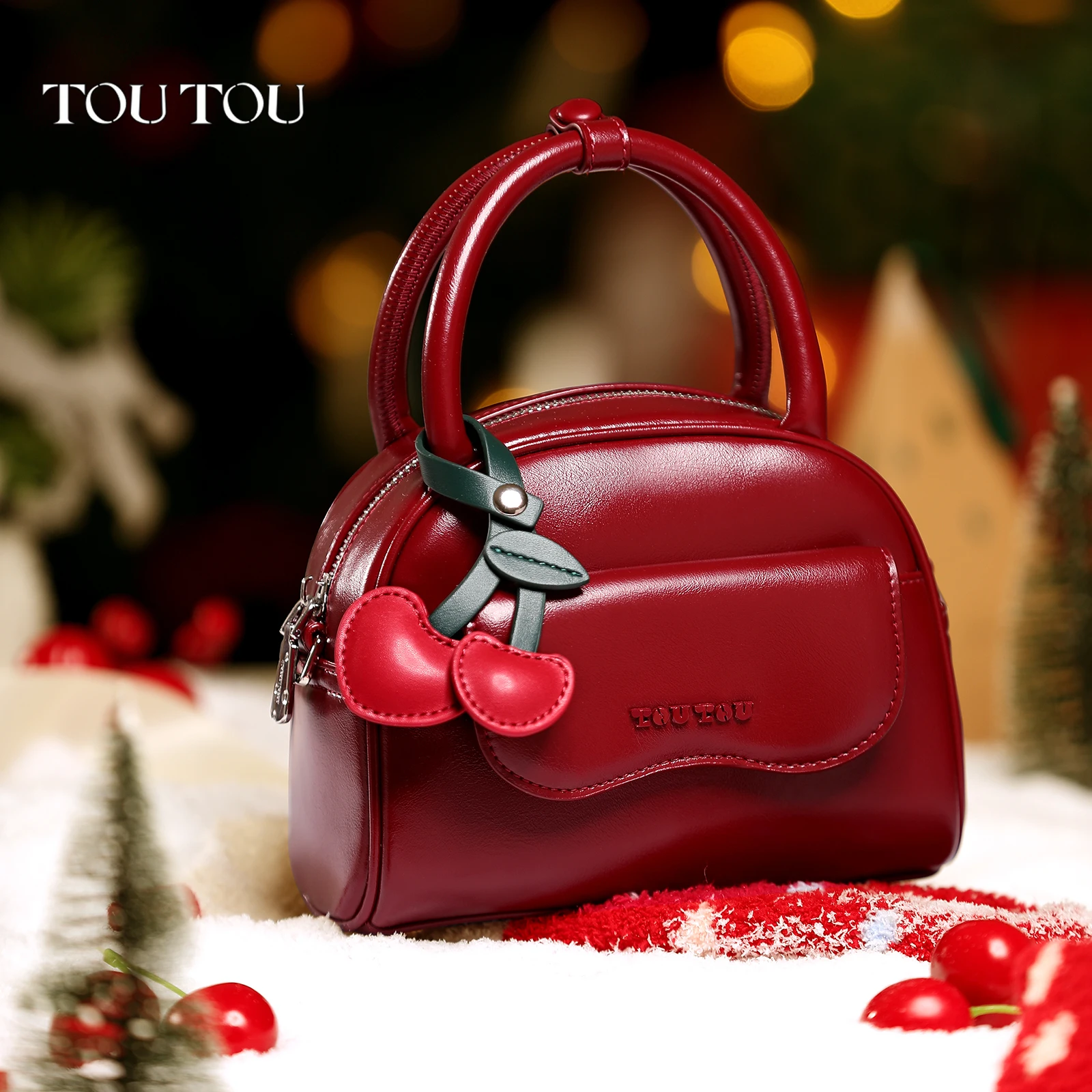 TOUTOU Boston Bowling Bag Cherry Pendent Red PU Leather Shoulder Crossbody Handbag for 6.7 inch iPhone Cosmetics Valentine Gift