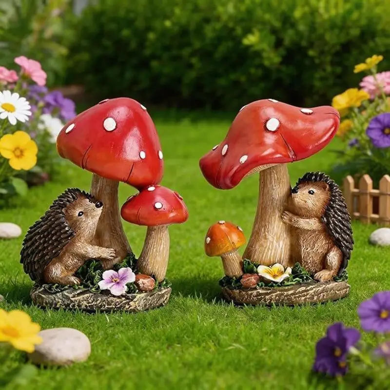 Cute Hedgehog Mushroom Resin Ornament Mini Micro Landscape Statue Waterproof Indoor Outdoor Garden Courtyard Lawn Decor Crafts
