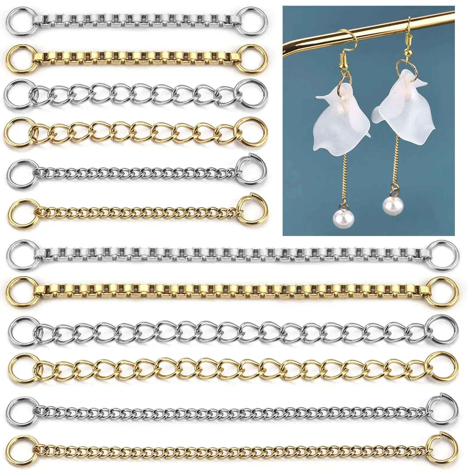 10 szt. Łańcuszek przedłużający ze stali nierdzewnej, odporny na blaknięcie, łącznik z kulką, łańcuszek do kolczyków, naszyjników, do samodzielnego tworzenia biżuterii