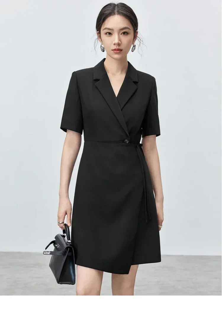 

SENTUBILA Office Lady Blazer Dresses For Women 2025 Spring Fashion V-neck Knee Length Black Dress Woman Clothing 143L55907