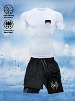 Spider Pattern Printed Men's Sportswear Summer Quick-drying Tight T-shirt and Double-layer Shorts Two-piece Set for Running