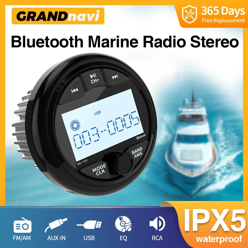 GRANDnavi-Marine Stereo Boat Radio IPX5 À Prova D' Água Bluetooth FM AM Digital Media Player para Yacht Gauge ATV UTV Carrinho Motocicleta