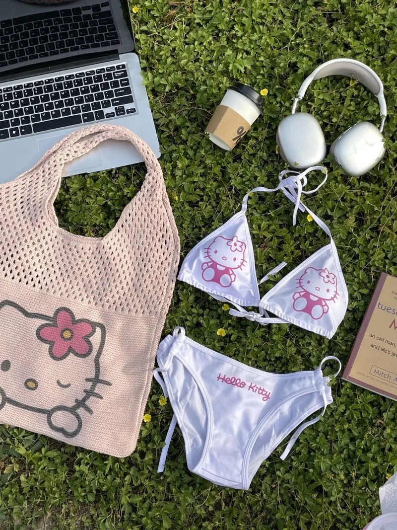 Sanrio Hello Kitty Swimsuit Set Bikini Swimsuit Kawaii Cute Print Sexy Sexy Lingerie Set Underwear Women Bra and Panty Set