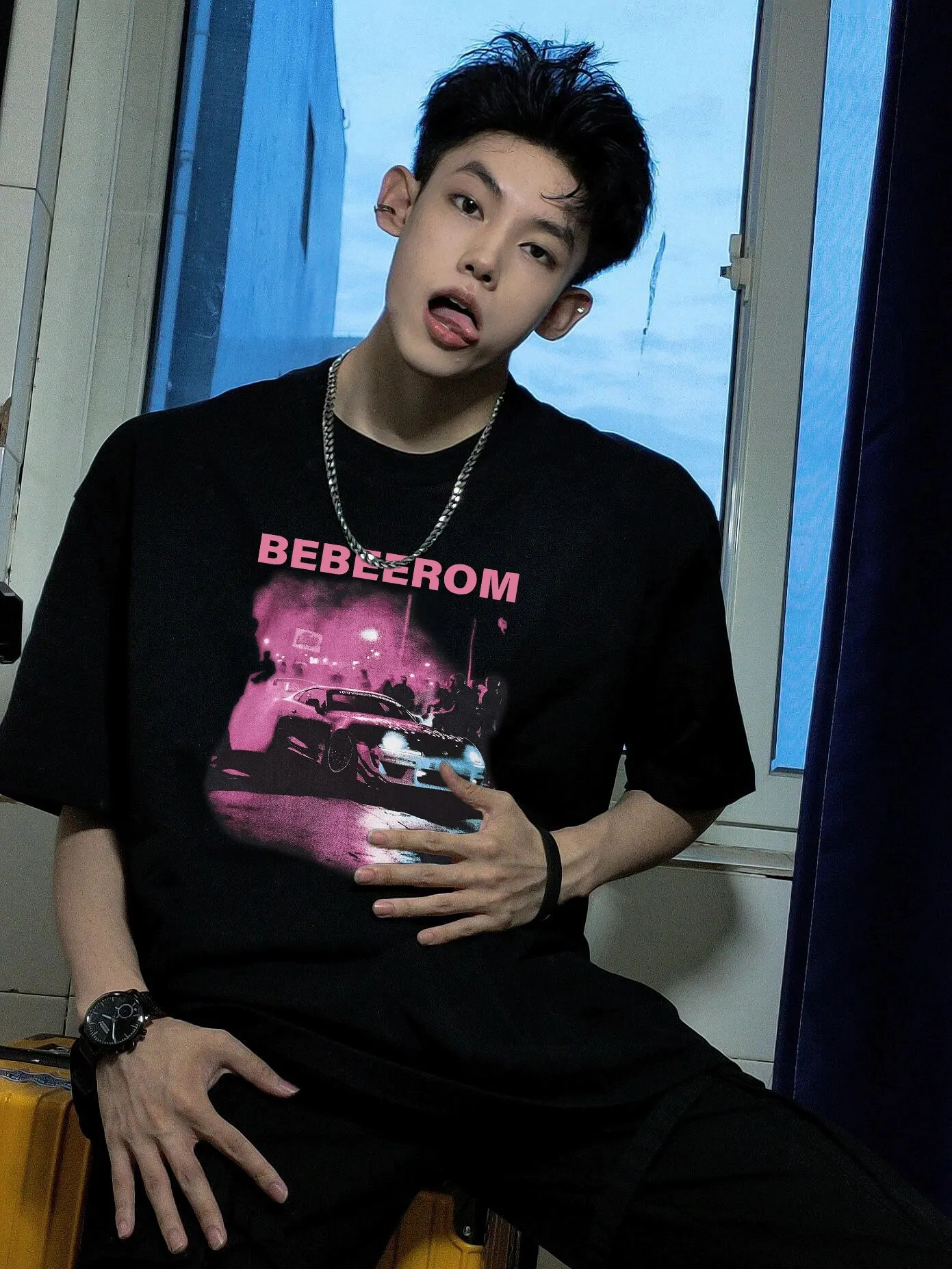 2026 Summer New American Retro Streetwear Men's Loose Casual Letter Racing Car Print Black Round Neck Short Sleeve T-shirt