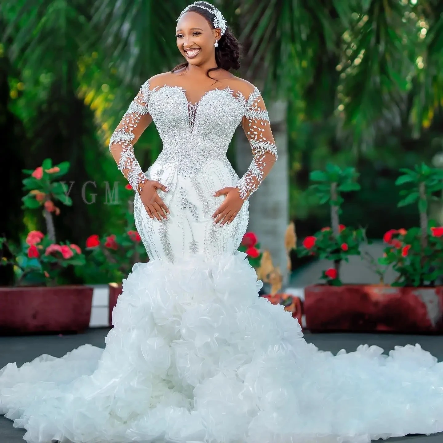 African Wedding Dresses Plus Size Luxury Mermaid Crystal Beaded Illusion Sleeve Ruffle Train High Quality Bridal Gown Customized
