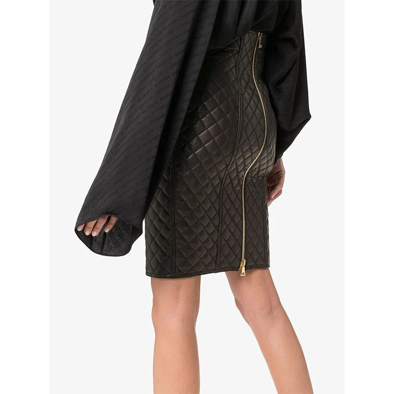 High End 2025 Classic Stitching Diamond Grid High-Quality Sheepskin High Waist Genuine Leather Bag Buttocks Skirt for Women