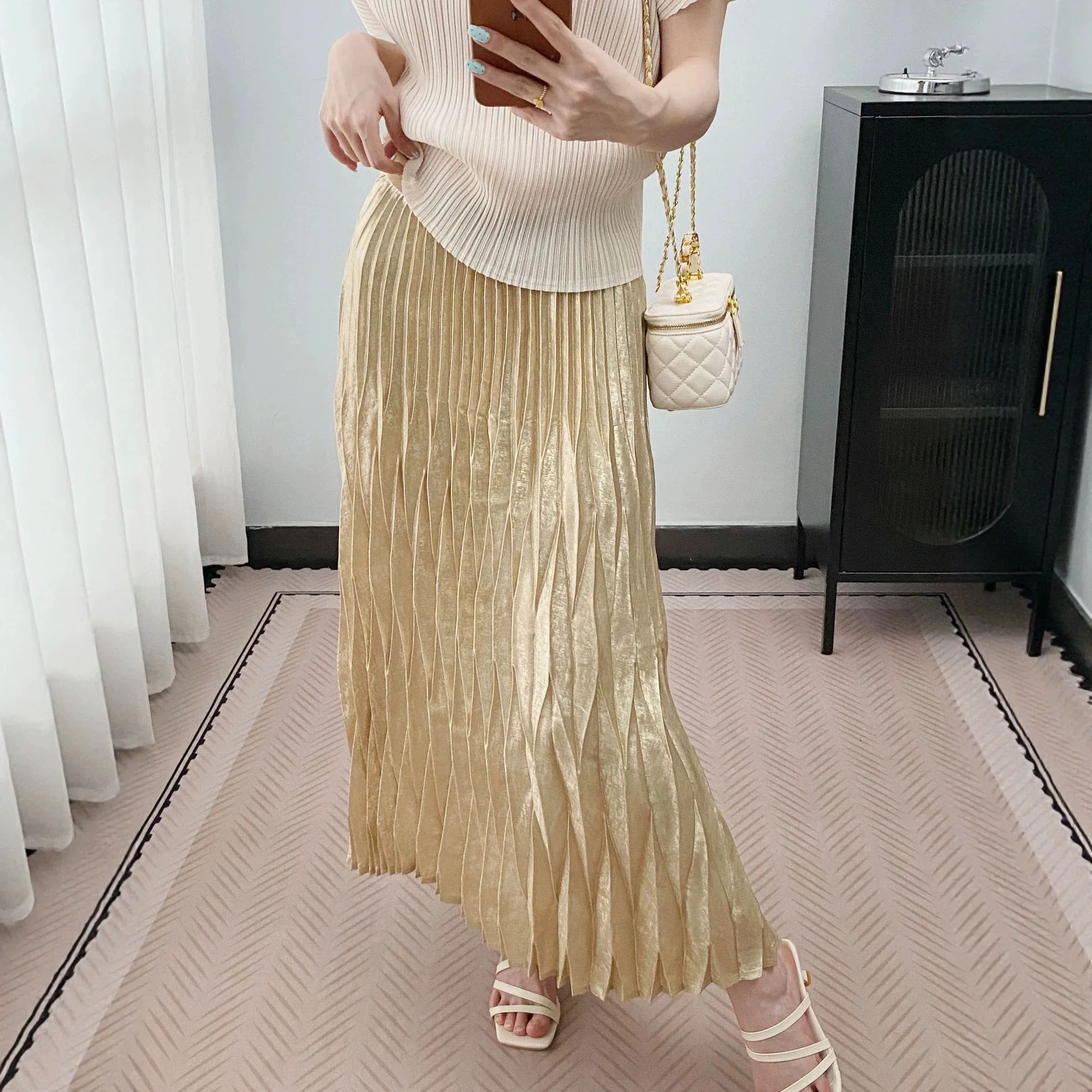 Miyake Metallic Pleated Midi Skirt Women High Waist Diamond Crinkle Wrinkle‑Resistant Loose Flowy Party Casual Long Skirt