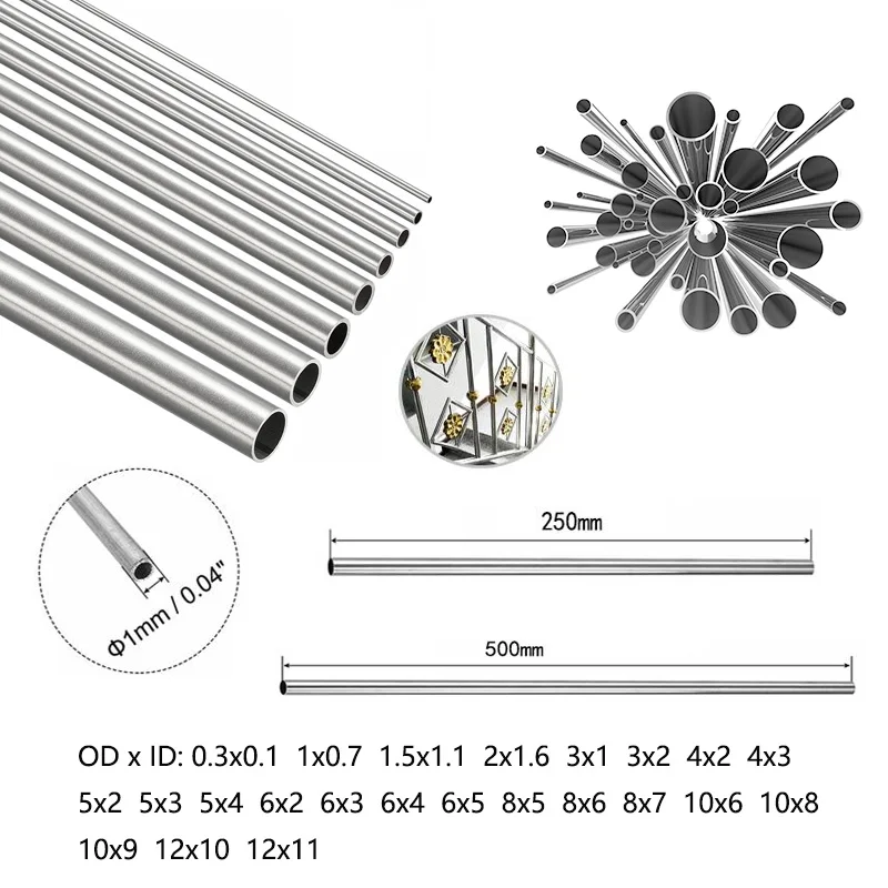1-10 Pcs 304 Stainlessy Steel Round Capillary Tube 0.1mm-17mm ID, OD 0.3mm-18mm, 250mm 500mm Long Seamless Straight Round Pipe