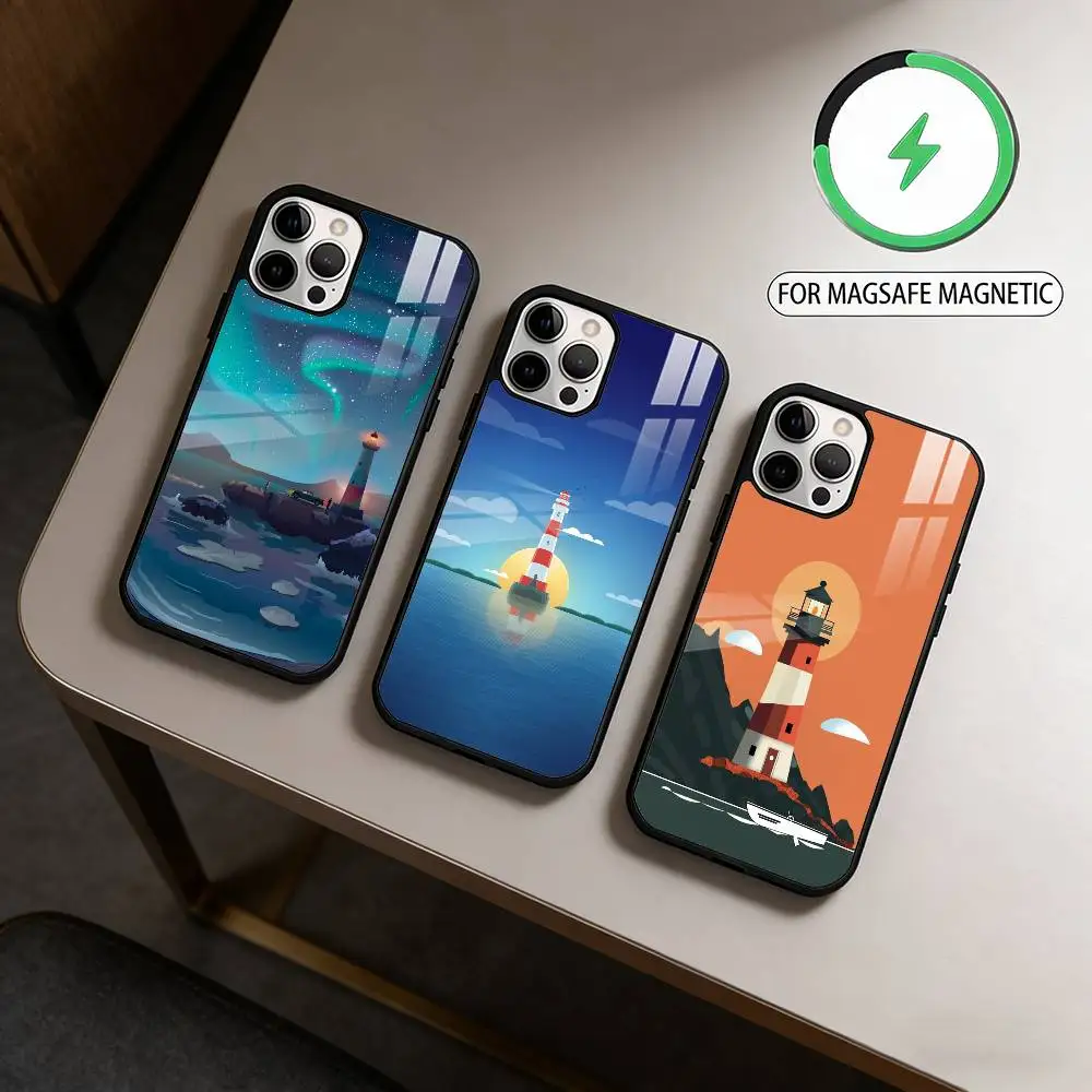 

Cartoon Art Lighthouse Magnetic For Magsafe Wireless Charging Phone Case For iPhone17,16,15,14,13,12,11 Plus,Pro Max