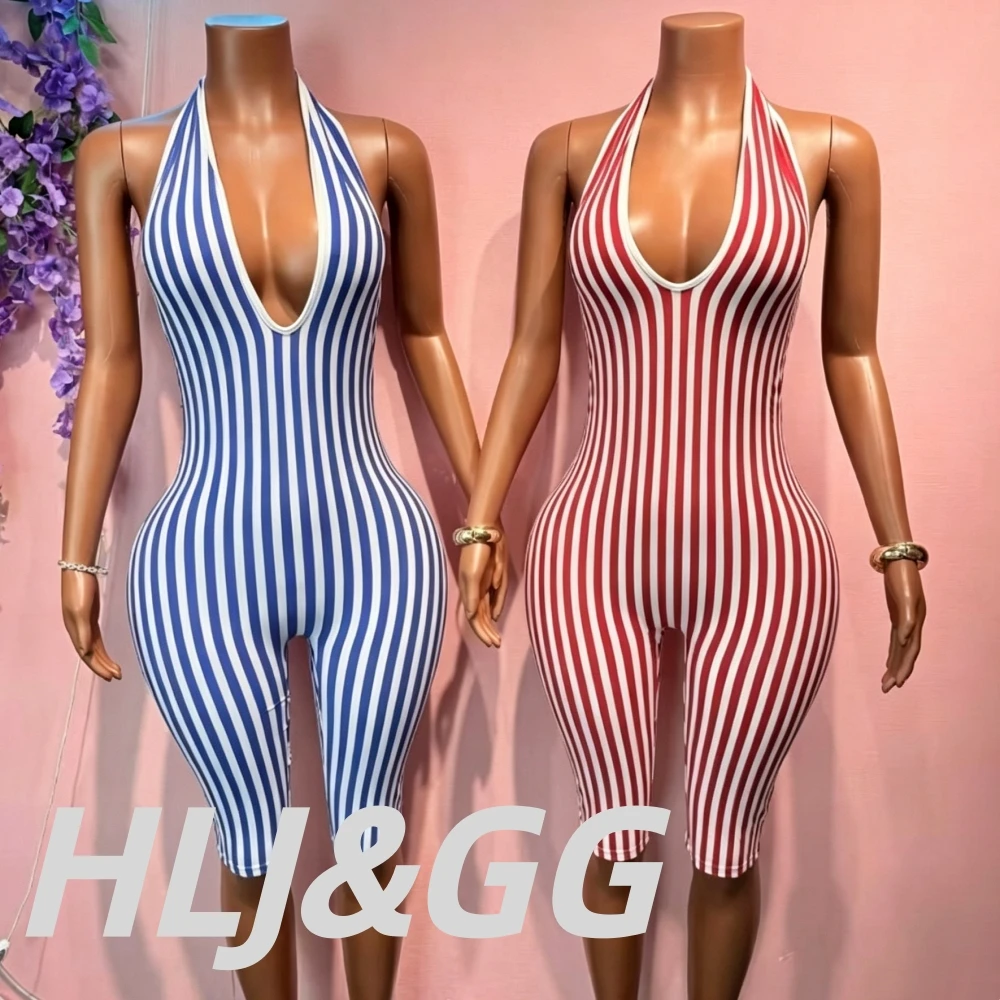 HLJ Women Vertical Stripe Halter Romper Deep V Open Back Tie Neck Capri Bodycon Jumpsuit Y2K Beach Vacation Matching Outfis New