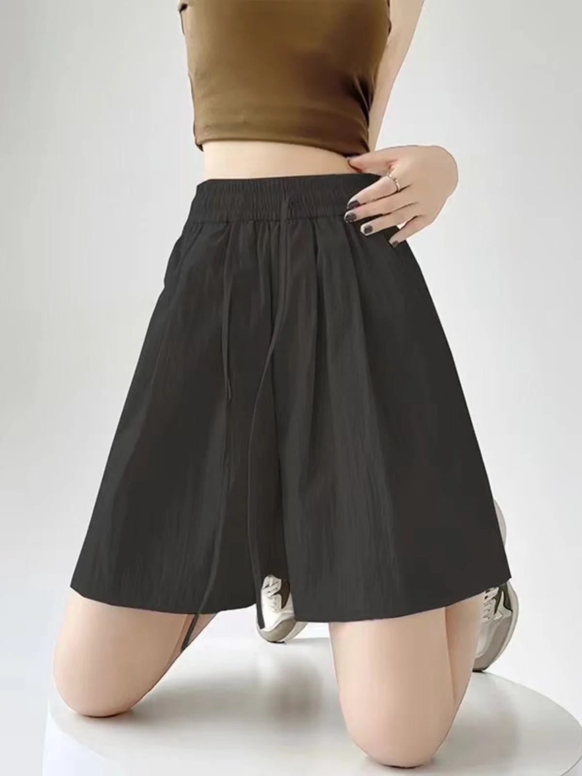 2024 frauen Eis Seide Sport orts Sommer Dünne Breite Bein Casual Fünf-Viertel Länge Hohe Taille Koreanische Sle pendeln Hosen