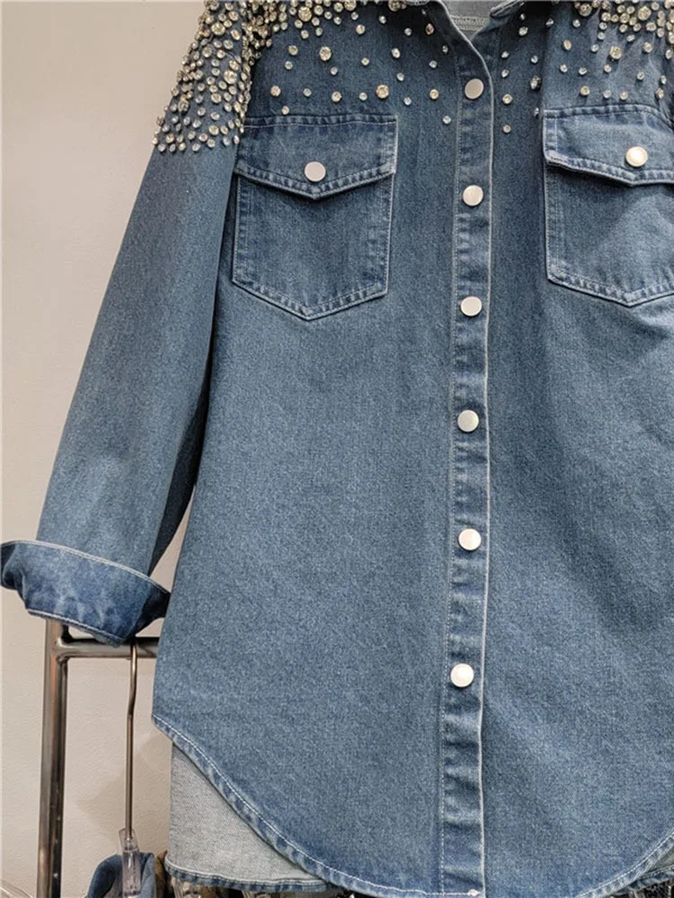 DEAT Fashion Diamonds Loose Denim Shirts Coat For Women 2024 Autumn Trendy New Lapel Long Sleeve Pockets Jacket Females 29L7920