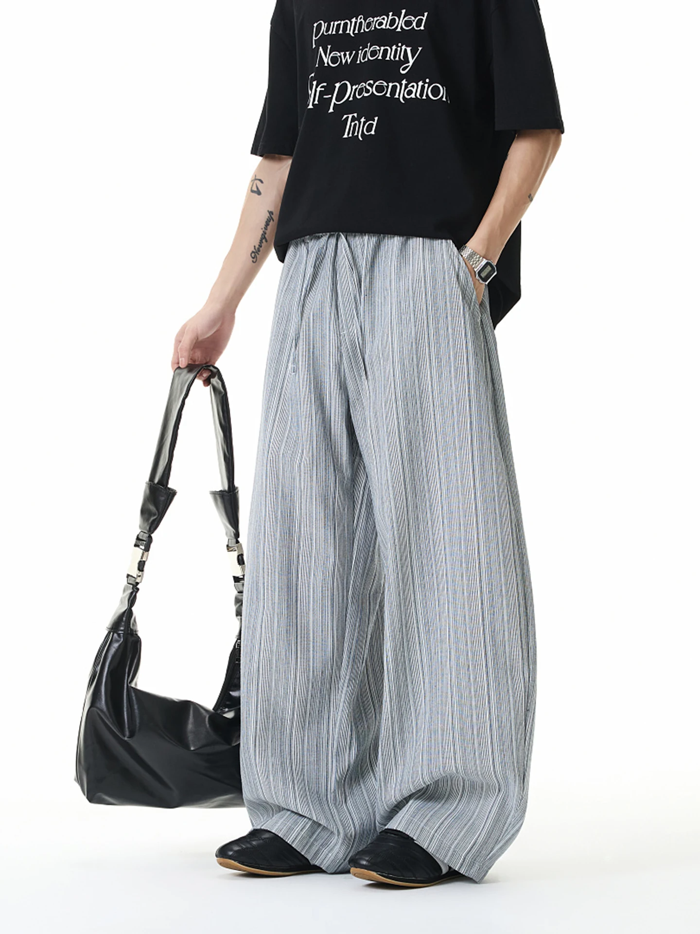 American High Street Retro Stripes Texture Lazy Loose Design Wide Leg Casual Long Pants Men Loose Comfortable Breathable Summ...