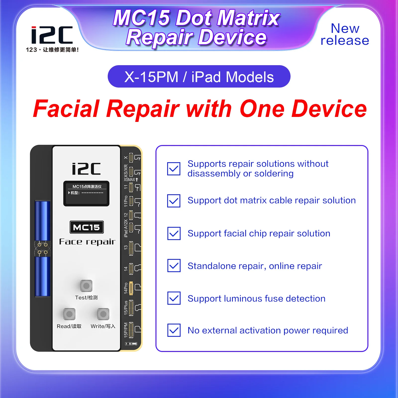 I2C MC15 No Disassembly Dot Matrix Flex Cable Repair Programmer For iPhone X-15PM Fix Dot Projector Face ID Not Working Issues