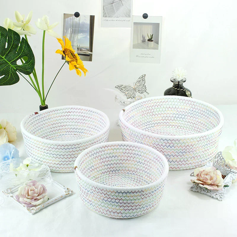 

1pc Handmade Woven Cotton Rope Woven Storage Box Basket Desktop Organizer Sundries Toys Comestics Keys Snacks Sundries Organizer